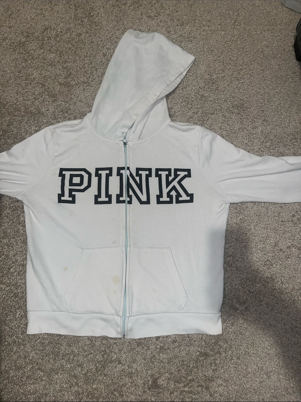 PINK Victoria's Secret White Zip Front Hoodie with Navy Logo